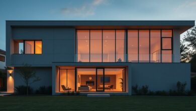 Fachada moderna 2026 com iluminação cênica e linhas minimalistas.