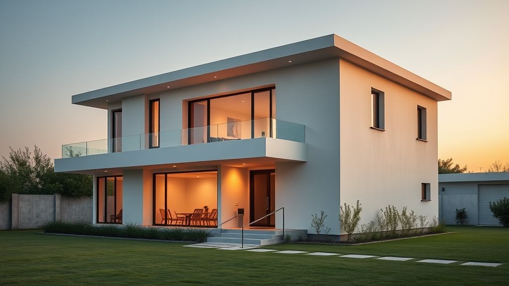 Fachada moderna de casa caixote com platibanda minimalista e iluminação suave.