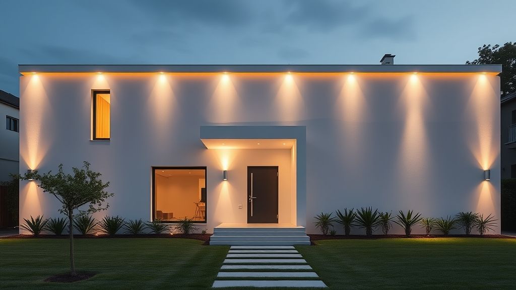 Fachada de casa finalizada com platibanda branca iluminada por LEDs.