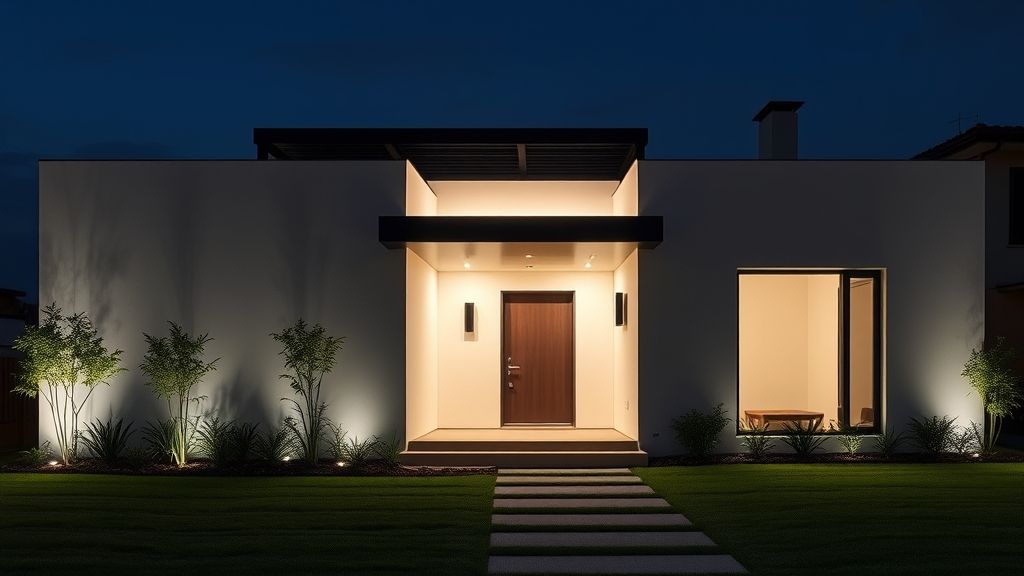 Casa caixote com platibanda finalizada, iluminação LED destacando volumetria.