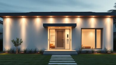 Fachada de casa moderna com platibanda em linhas retas e iluminação elegante.