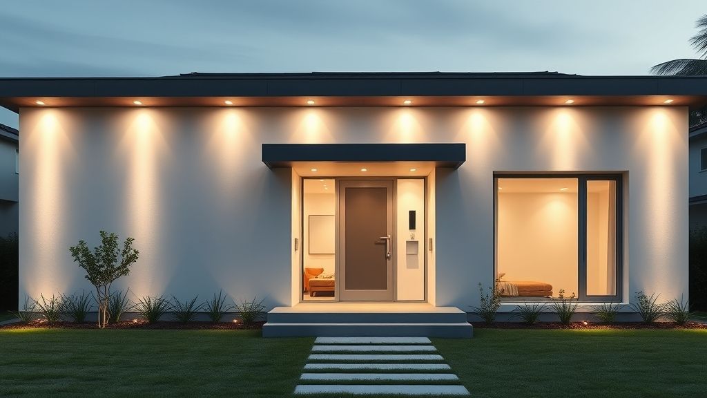 Fachada de casa moderna com platibanda em linhas retas e iluminação elegante.