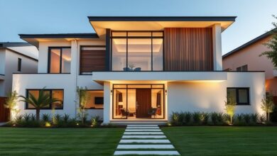Fachada imponente de casa moderna em condomínio fechado, com iluminação e paisagismo.