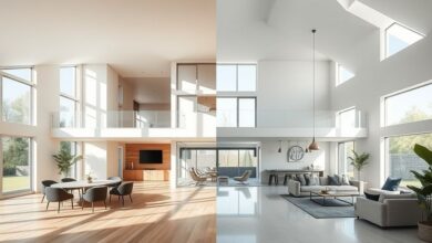 Foto ampla mostrando antes e depois da fachada de uma casa moderna.