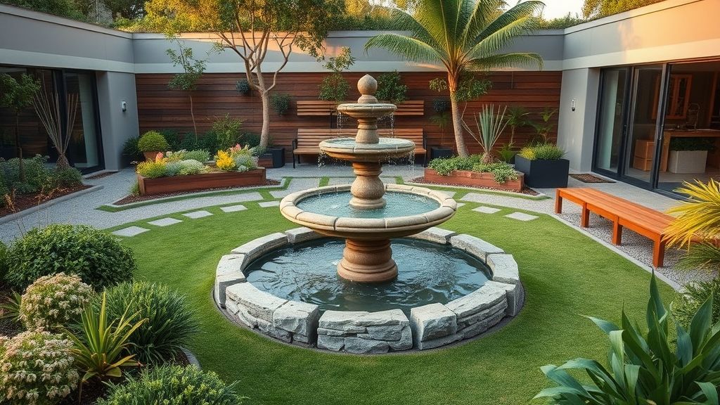Fonte de pedra no centro de um jardim com bancos de madeira e iluminação suave.