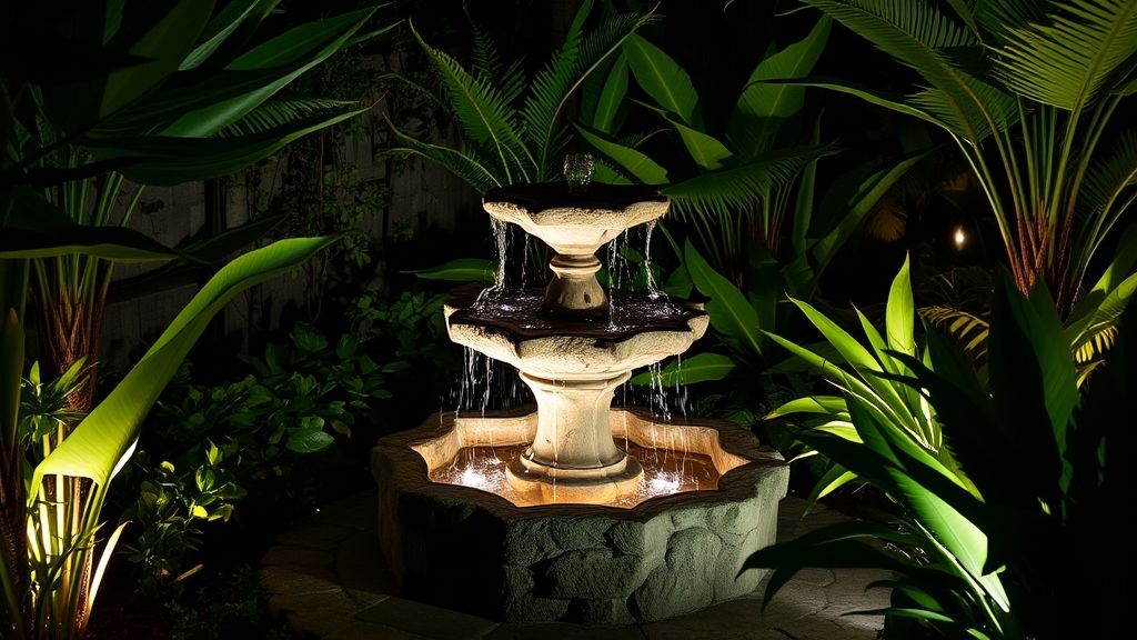 Fonte pronta em jardim iluminada por LEDs à noite, cercada de plantas tropicais.