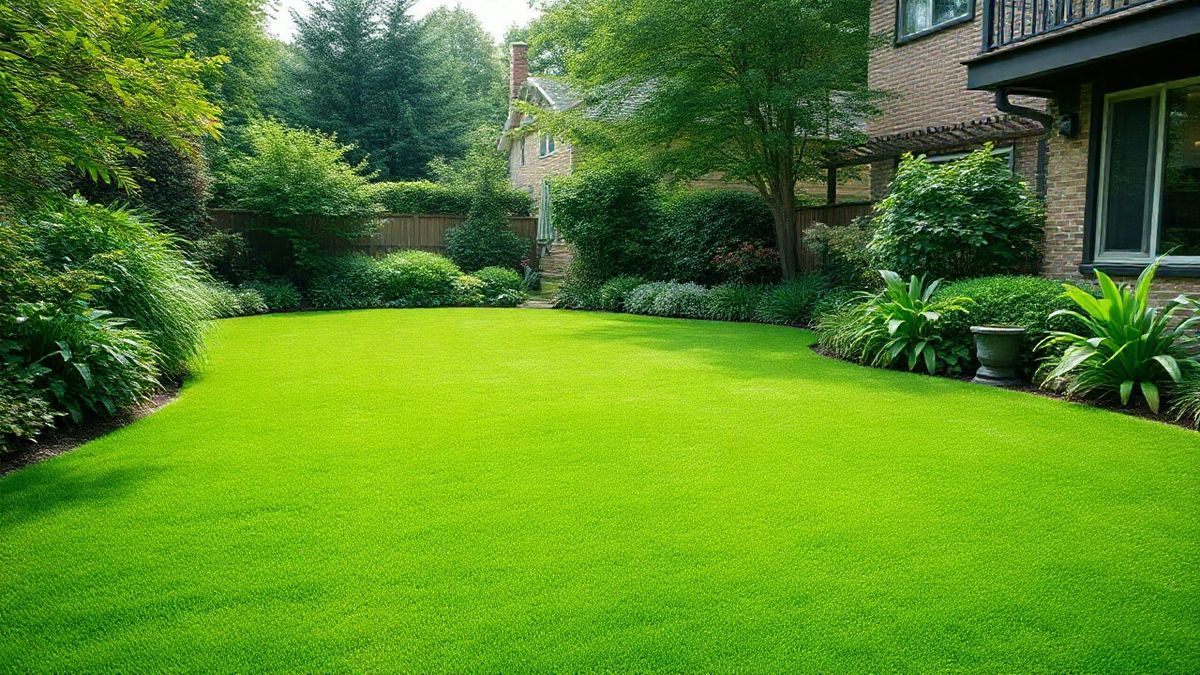 Vista ampla de um gramado verde e uniforme em um jardim residencial bem cuidado.