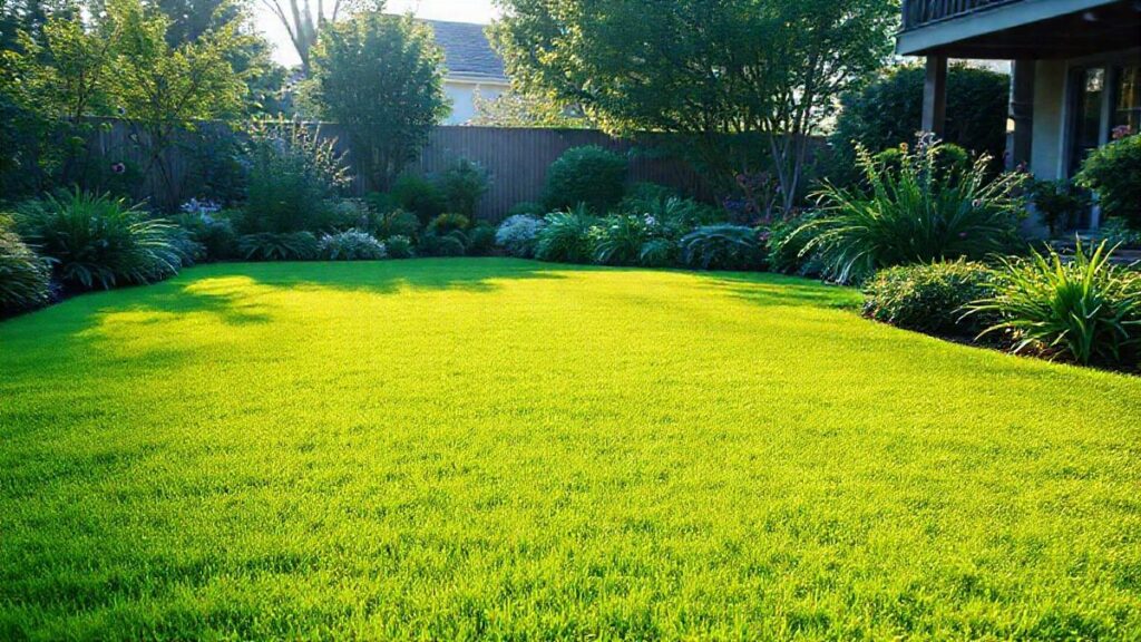 Gramado residencial vibrante e verde após adubação correta.