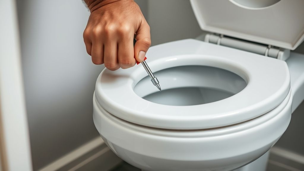 Mãos instalando um assento sanitário com chave de fixação.