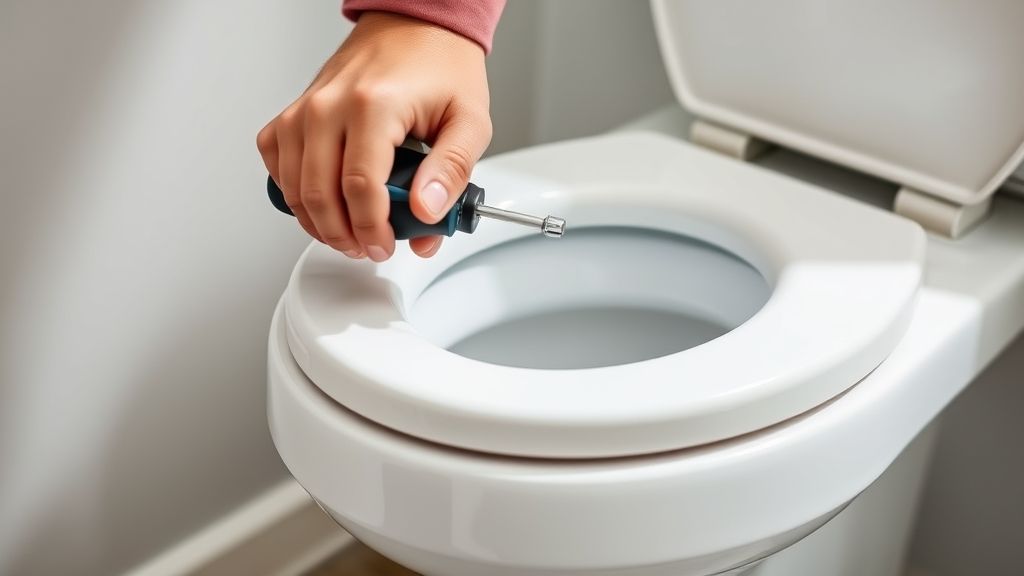 Pessoa instalando assento sanitário em vaso branco com ferramenta simples.