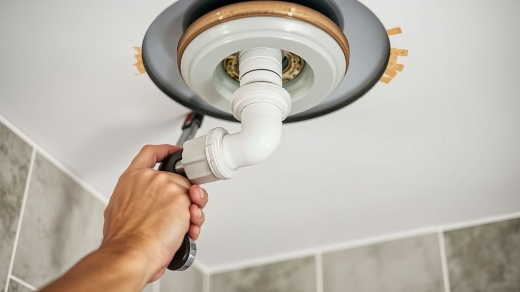Profissional instalando o encanamento no teto para o chuveiro.
