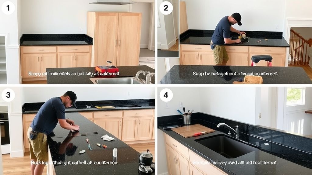 Profissional instalando a pedra de granito preto em uma cozinha planejada.