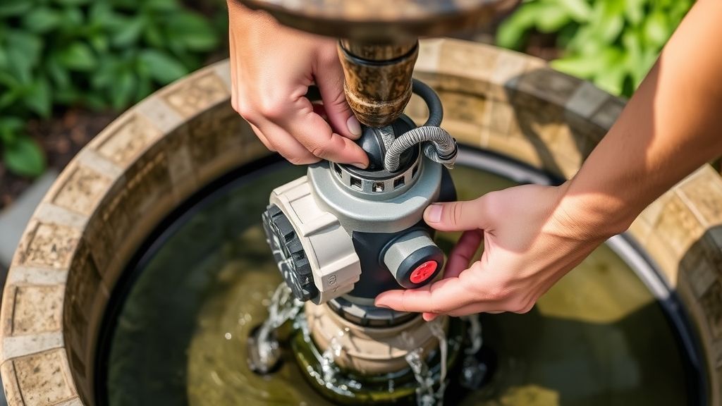 Pessoa instalando bomba d’água em pequena fonte de jardim.