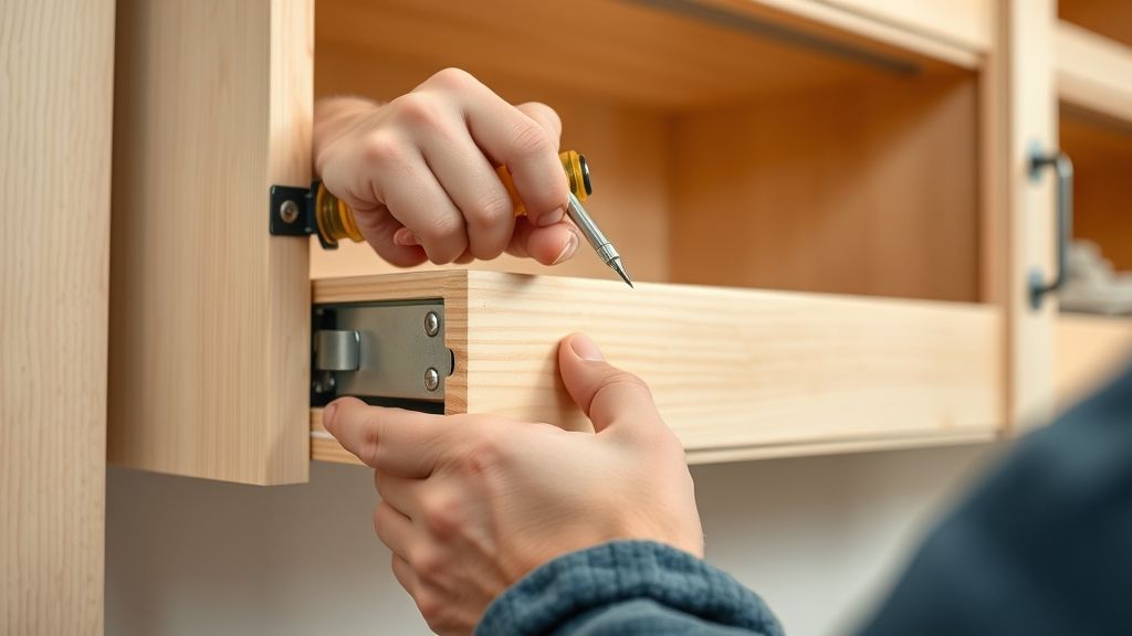 Montador ajustando ferragens em armário planejado de cozinha pequena.