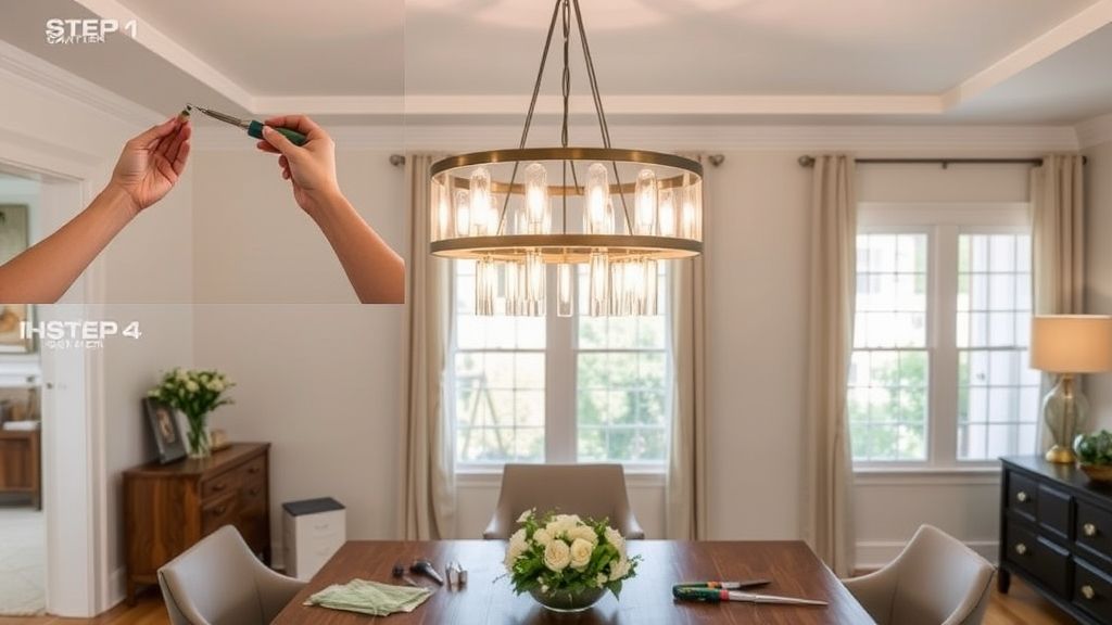 Pessoa instalando um lustre moderno em sala de jantar.