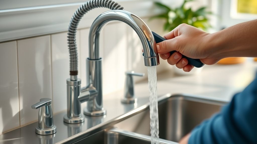 Profissional instalando torneira cromada em pia de cozinha