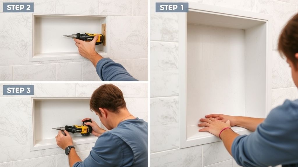 Profissional instalando nicho embutido em parede de porcelanato.