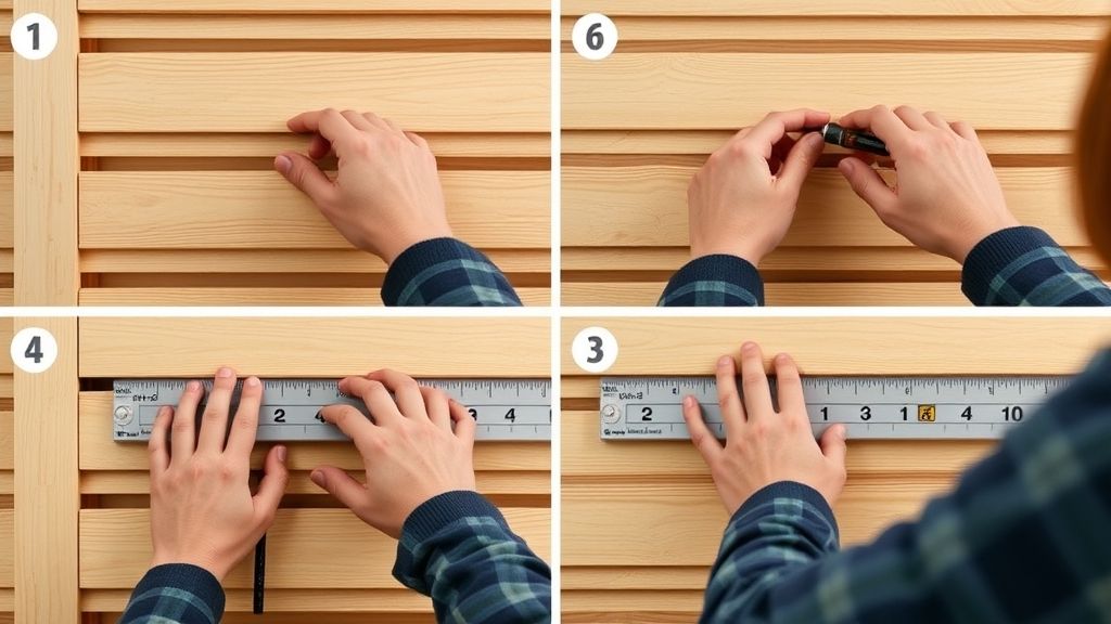Mãos fixando painel ripado de madeira na parede usando nivelador e ferramentas.