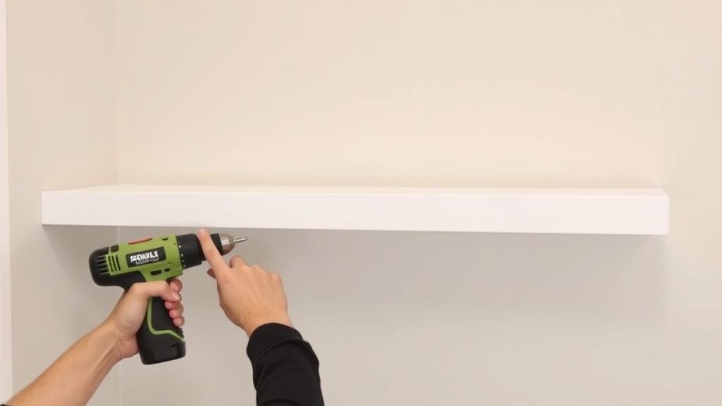 Pessoa instalando prateleira suspensa no banheiro utilizando ferramentas simples.