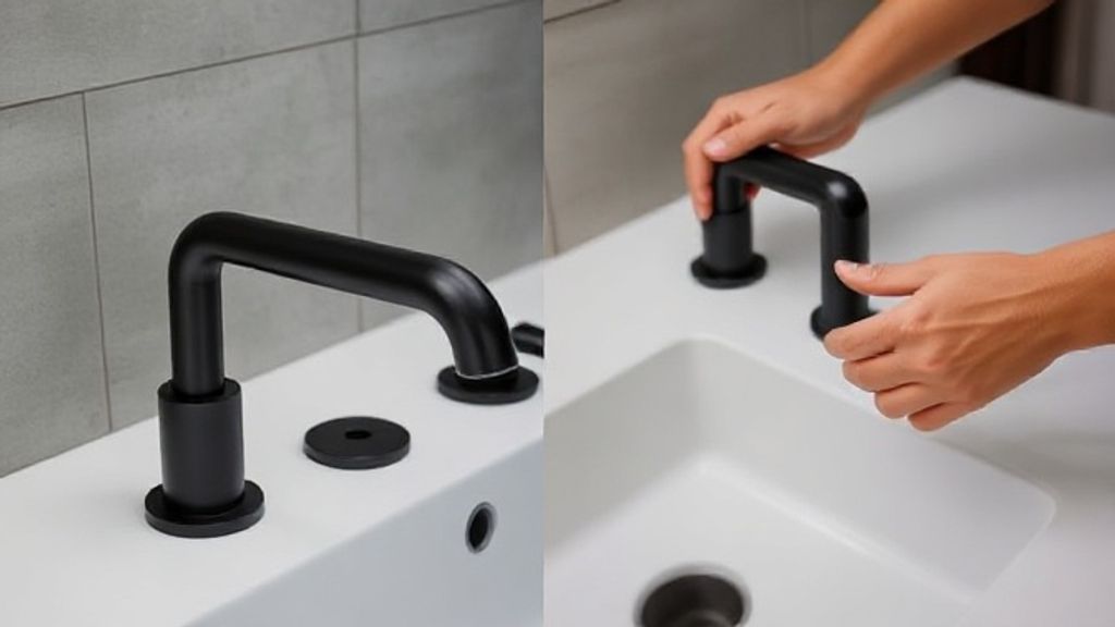 Mãos instalando uma torneira preta em uma pia moderna.