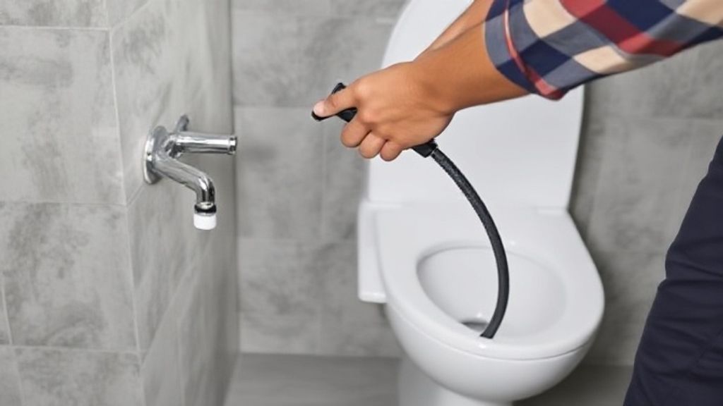 Encanador instalando ducha higiênica próxima ao vaso sanitário.