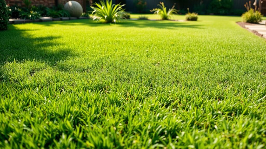 Gramado verde com aparência saudável após o processo de aeração.