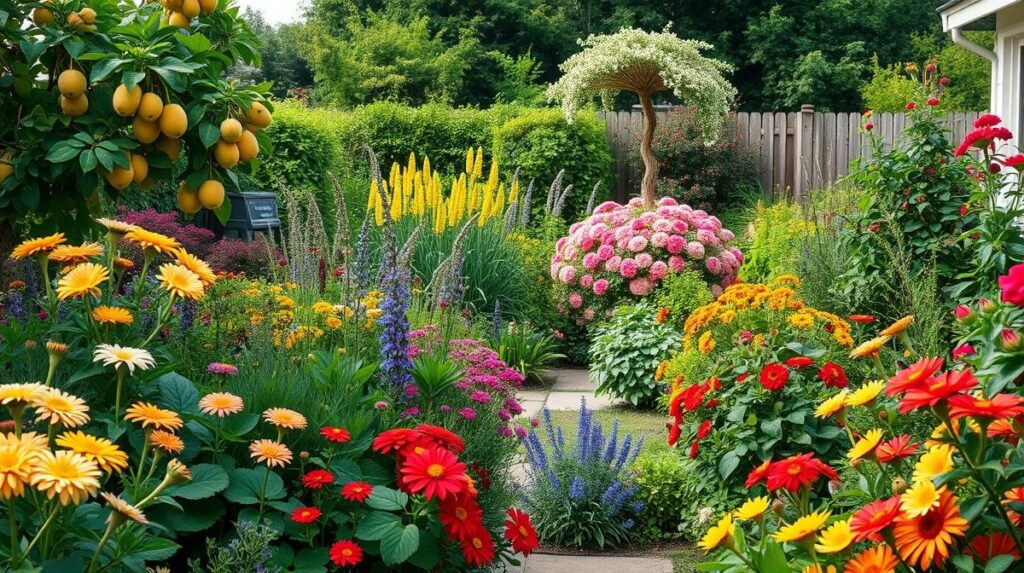 Jardim biodiverso com flores, temperos e frutíferas em harmonia.