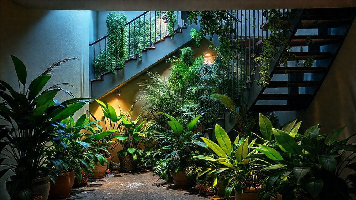 Jardim interno finalizado sob escada, com iluminação direcionada e plantas tropicais.