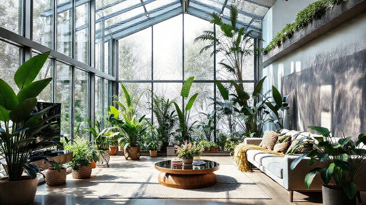 Jardim de inverno em sala ampla com paredes de vidro, plantas tropicais e móveis leves.