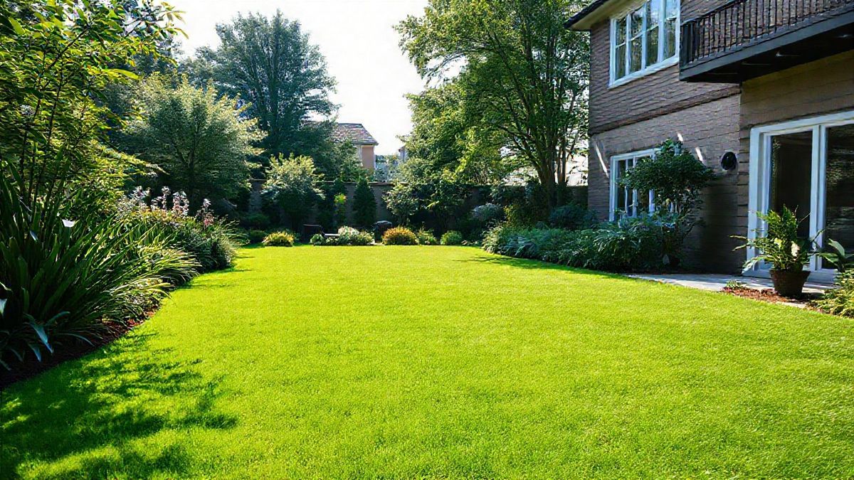 Visão ampla de um jardim residencial com grama bem cuidada.