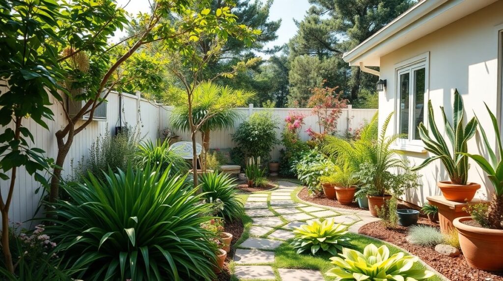 Um jardim verde, bonito e ensolarado, sem água parada.