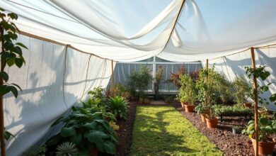 Jardim coberto por proteção leve para suportar geadas.