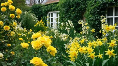 Jardim inspirado na realeza britânica com rosas douradas, narcisos e lírios-do-vale.
