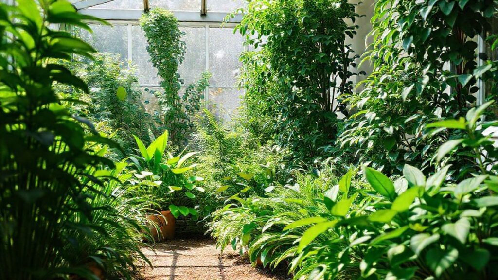 Vista ampla de um jardim doméstico verdejante, com plantas bem cuidadas.