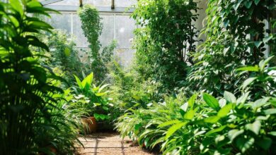 Vista ampla de um jardim doméstico verdejante, com plantas bem cuidadas.