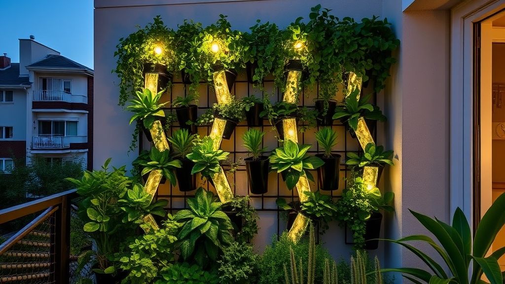 Parede verde vibrante com iluminação LED embutida em varanda pequena.