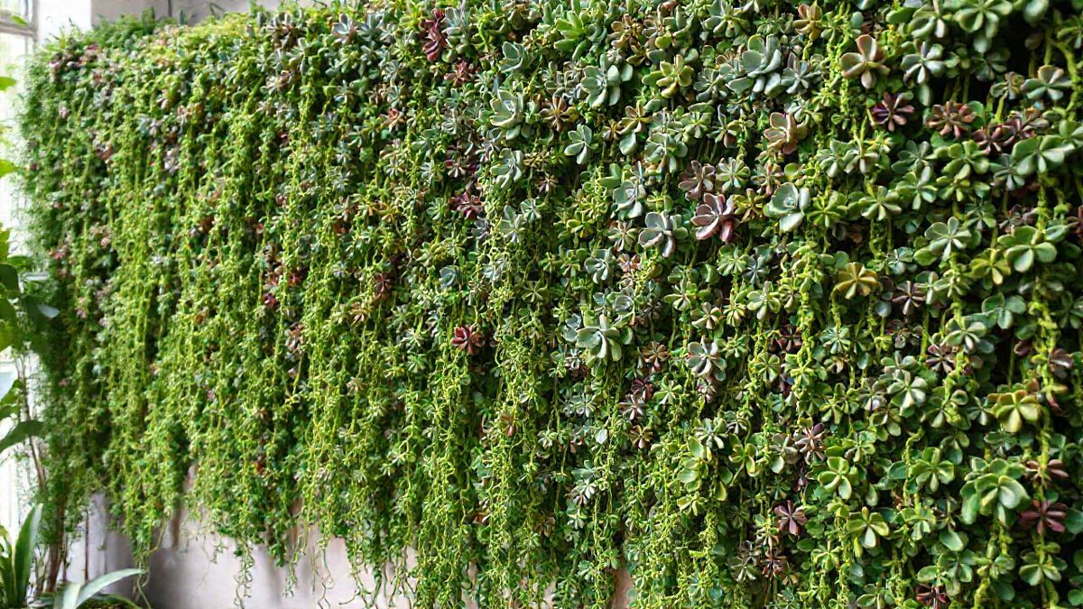 Jardim vertical com diversas suculentas pendentes em cascata criando efeito natural.