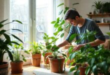 Pessoa cuidando de plantas em vasos em um ambiente iluminado da casa