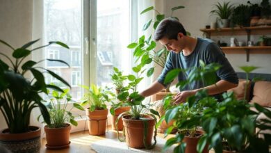Pessoa cuidando de plantas em vasos em um ambiente iluminado da casa