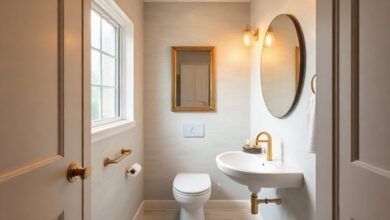 Lavabo moderno reformado em 2025 com paleta neutra e iluminação acolhedora.
