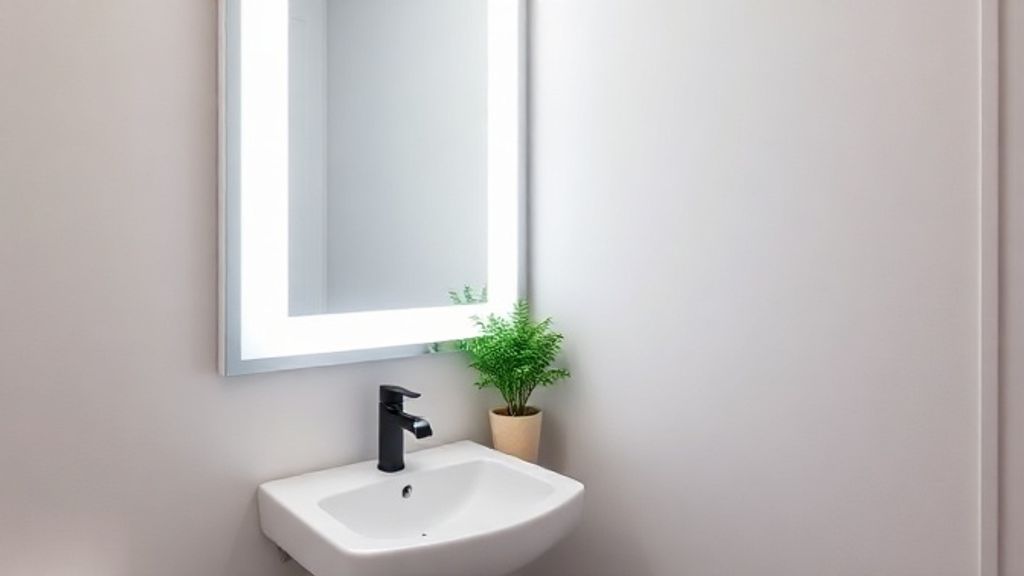 Lavabo pronto após reforma com espelho grande iluminado e planta decorativa.