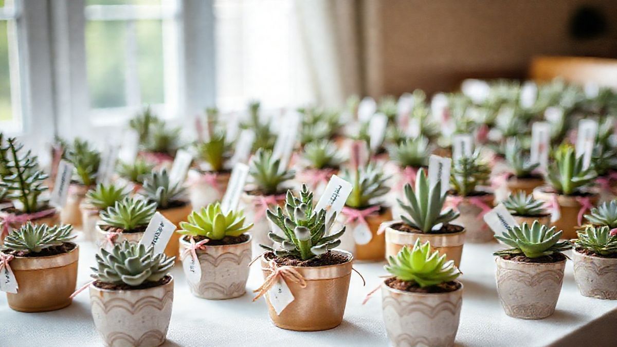 Mesa com várias lembrancinhas de suculentas em vasos personalizados para festa.