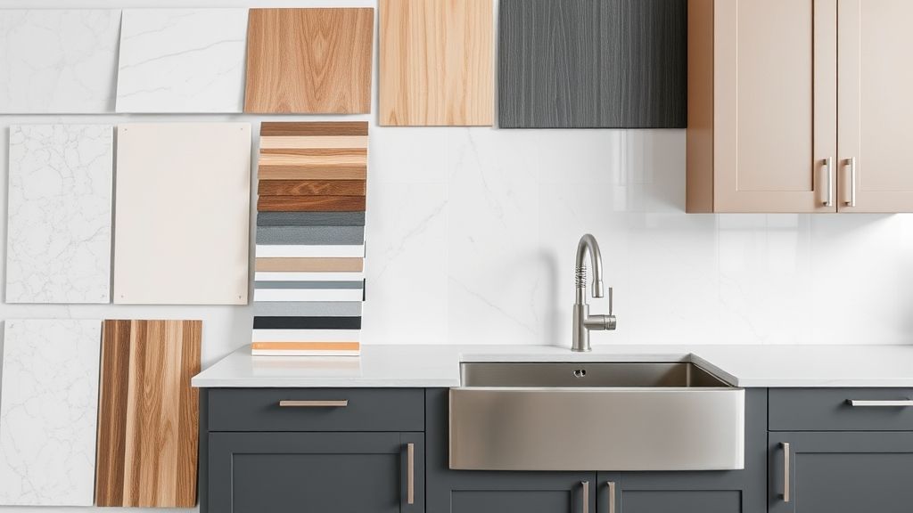 Flat lay de materiais de revestimento e acabamentos para cozinha