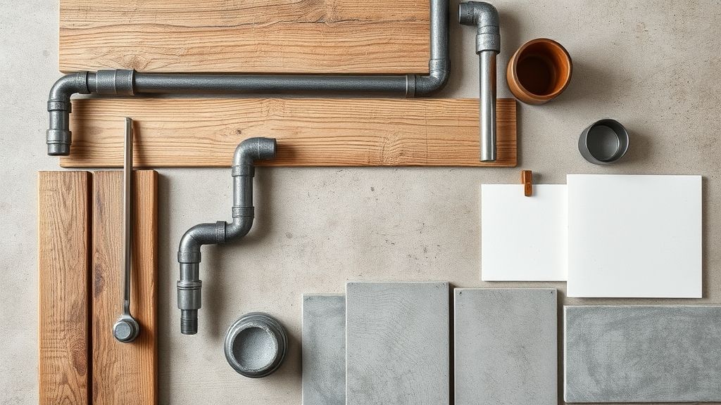 Flat lay com madeira, ferro e concreto, típicos da decoração industrial.