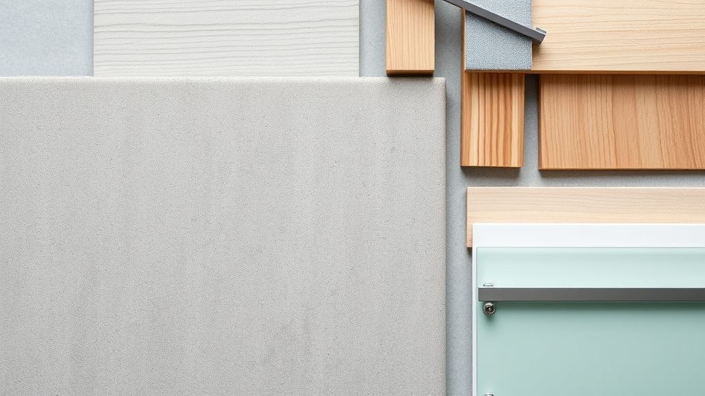 Conjunto de materiais usados em casas caixote, como concreto aparente, madeira e vidro.