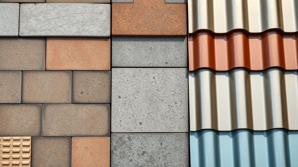 Close-up de telhas de cerâmica, concreto e metálicas lado a lado.