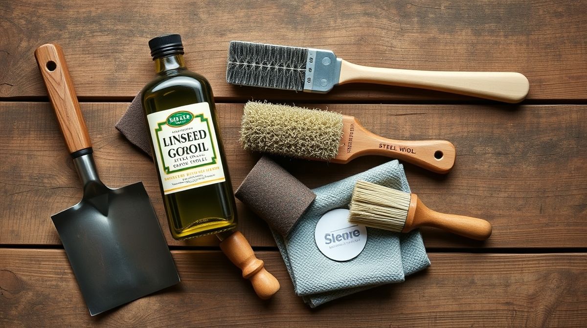 Kit com óleo de linhaça, escovas e panos para manutenção.