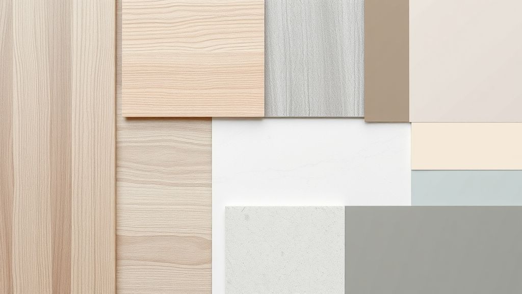 Flat lay de amostras de porcelanato, madeira e tintas utilizados em reformas.