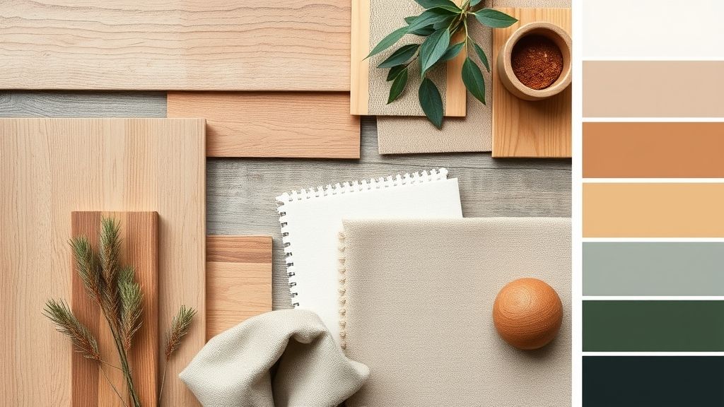 Flat lay de amostras de madeira, tecidos e cores para cenários de casas.
