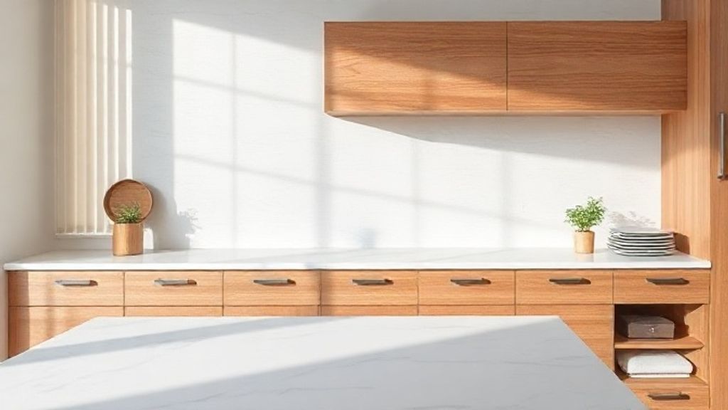 Bancada de quartzo clara, com prateleira organizada e objetos minimalistas.